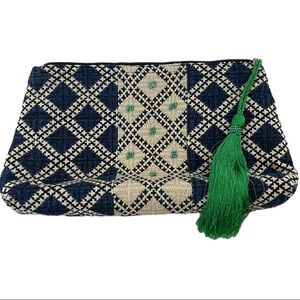 Roberta Roller Rabbit woven pattern clutch with beaded accents and green tassel
